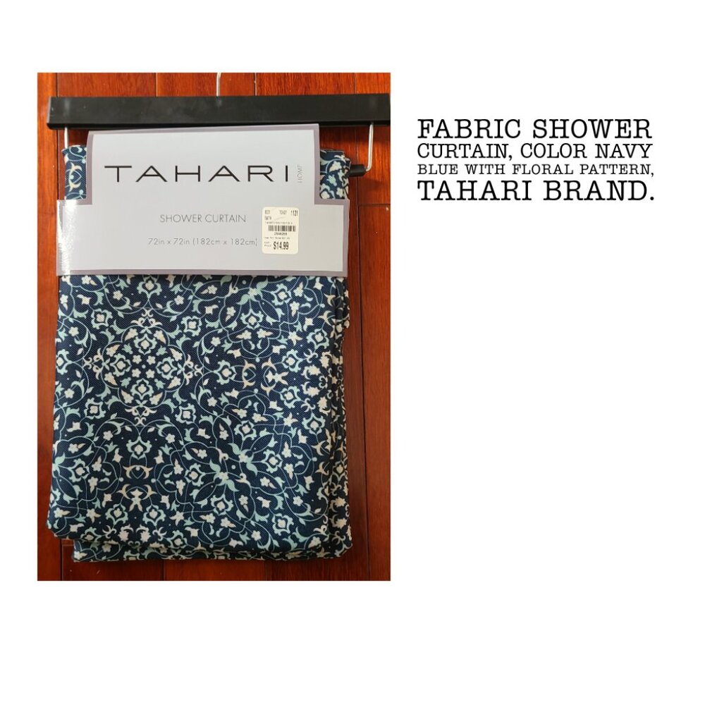 Tahari Fabric Shower Curtain – Navy Blue Floral – New in Packaging